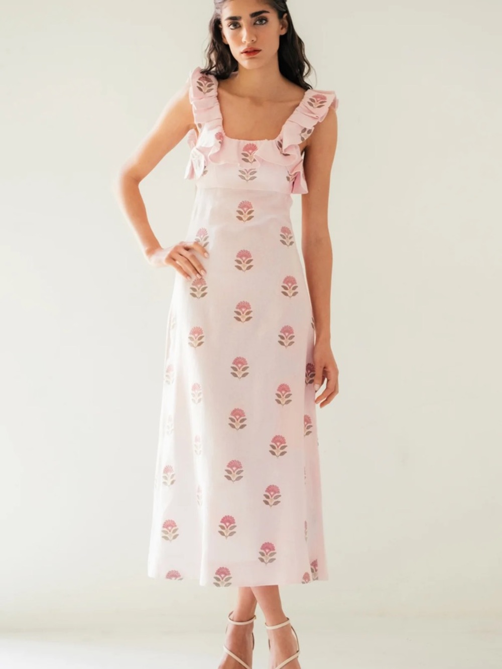 Ruffled Pink Floral Midi Dress